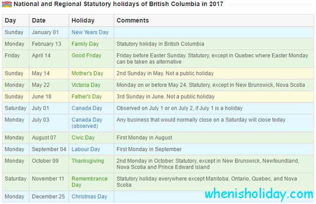 British Columbia stat holidays 2017 calendar