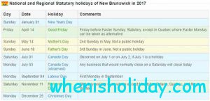 New Brunswick stat holidays 2017 calendar