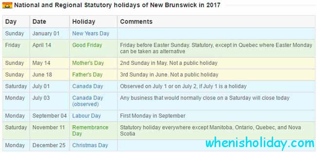 New Brunswick stat holidays 2017 calendar