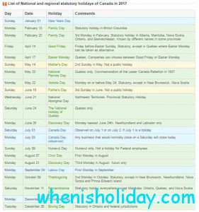 Canadian stat holidays 2017 calendar