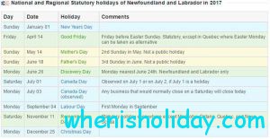 Newfoundland stat holidays 2017 calendar