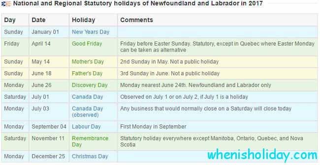 Newfoundland stat holidays 2017 calendar
