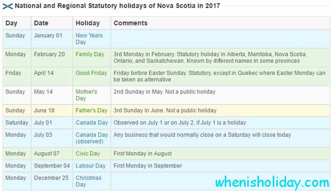 Nova Scotia stat holidays 2017 calendar