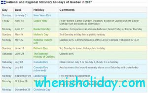 Quebec stat holidays 2017 calendar