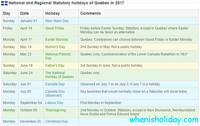 Quebec stat holidays 2017 calendar