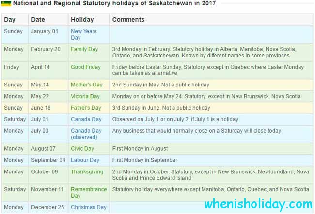 Saskatchewan stat holidays 2017 calendar